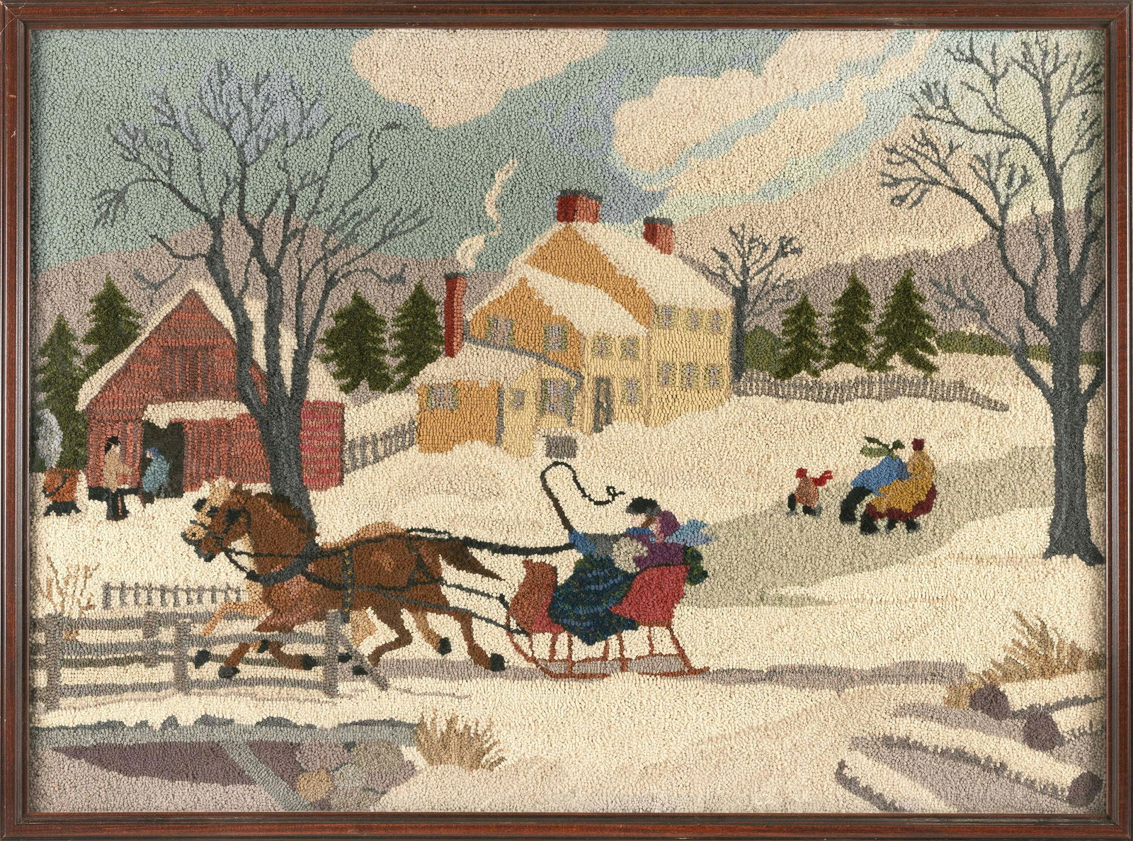 HOOKED RUG DEPICTING A WINTER VILLAGE SCENE Early 20th Century Framed 31” x 43”. (1 of 2)