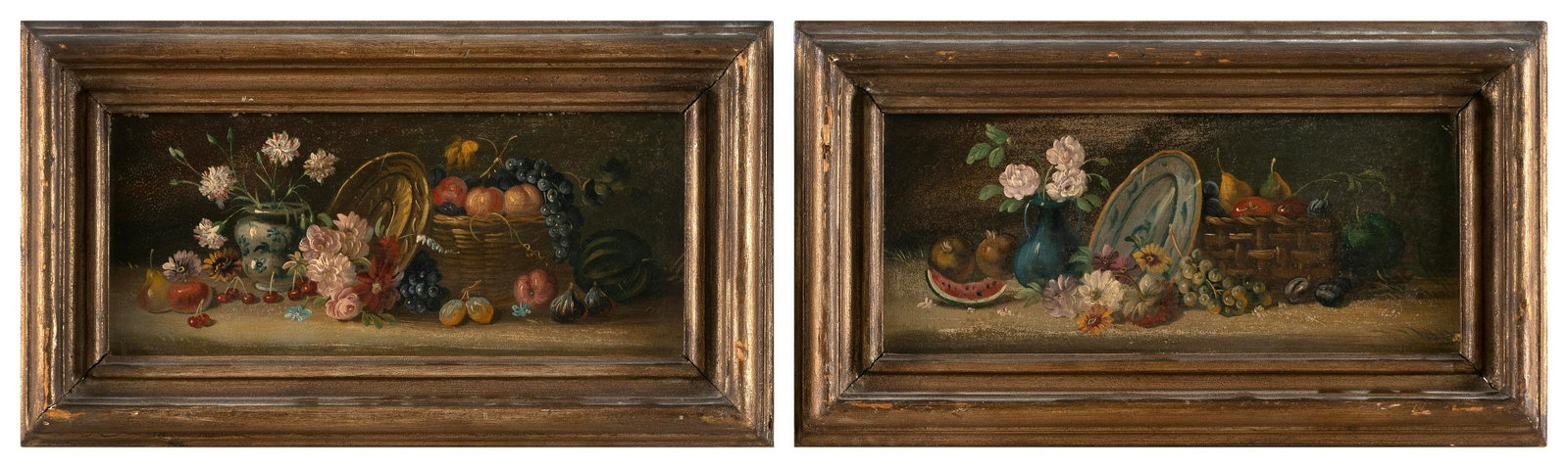 AMERICAN SCHOOL (Early 20th Century,), Pair of still lifes of fruit and flowers., Oils on panel,: AMERICAN SCHOOL Early 20th Century Pair of still lifes of fruit and flowers. Unsigned. Oils on panel, 5” x 11”. Framed 7.5” x 13.25”.