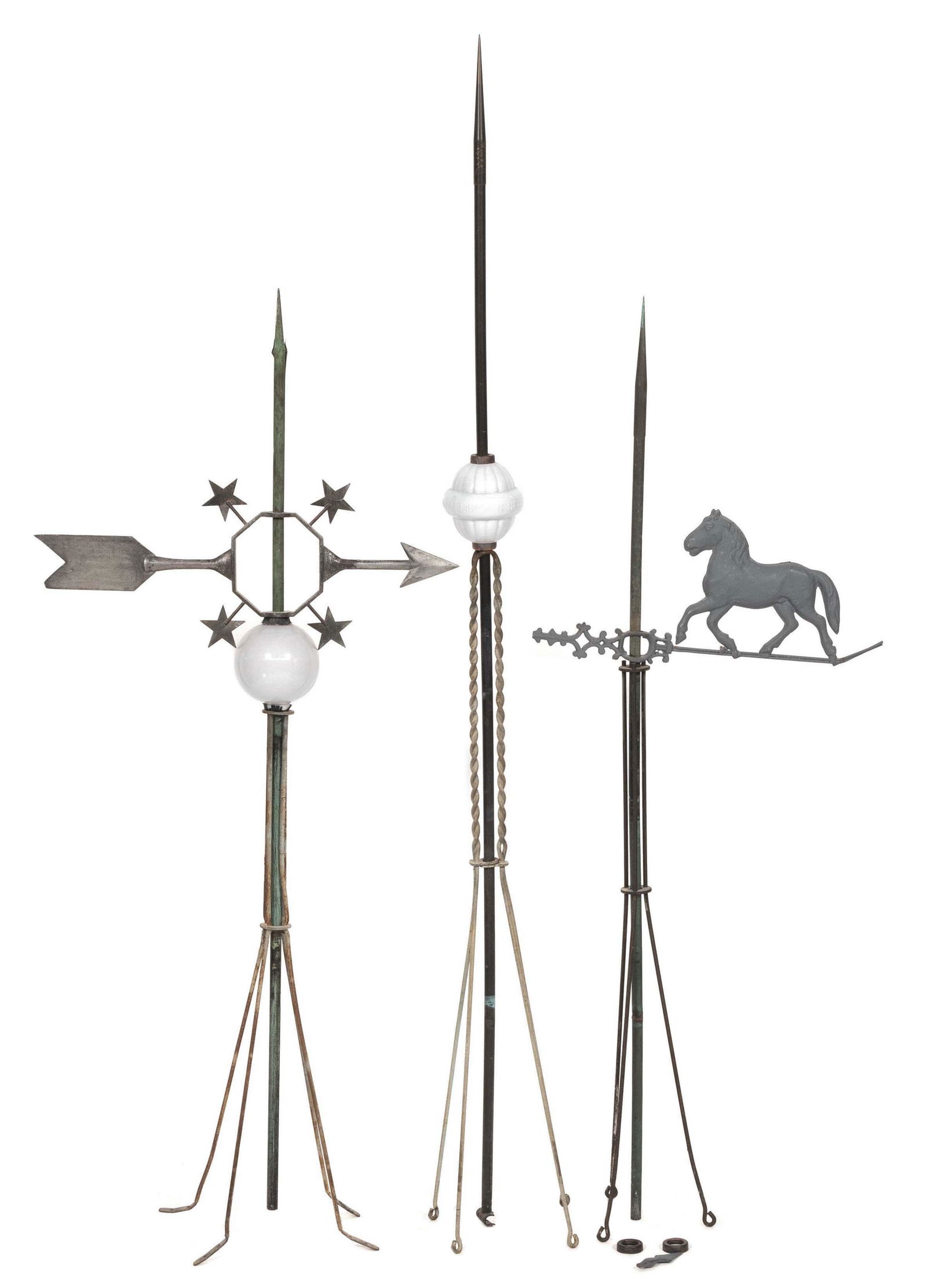 THREE COPPER LIGHTNING RODS Early 20th Century Heights from 54” to 67”. (1 of 1)