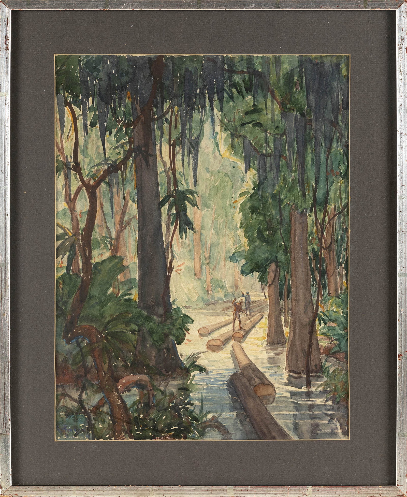 AMERICAN SCHOOL (20th Century,), Logging in a bayou., Watercolor, 16" x 12" sight. Framed 20.5" x: AMERICAN SCHOOL 20th Century Logging in a bayou. Unsigned. Watercolor, 16" x 12" sight. Framed 20.5" x 16.5".