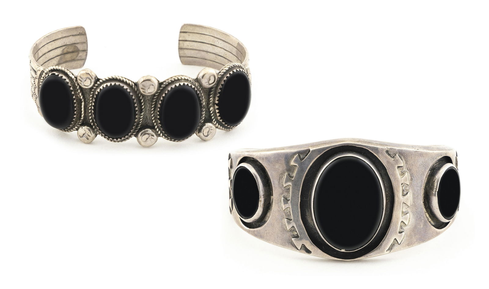 TWO YAZZIE FAMILY NAVAJO SILVER AND JET BRACELETS Mid-20th Century Approx. 107 total grams (1 of 7)