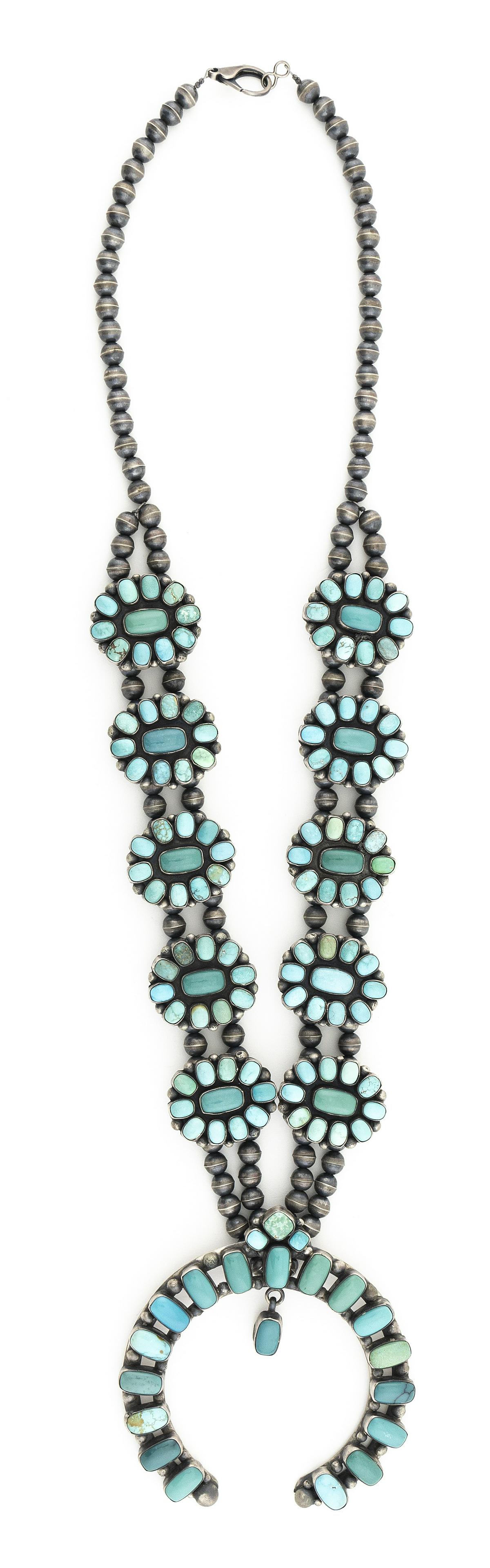 ELLA PETER NAVAJO TURQUOISE AND STERLING SILVER SQUASH BLOSSOM NECKLACE 20th Century Approx. 300 (1 of 3)