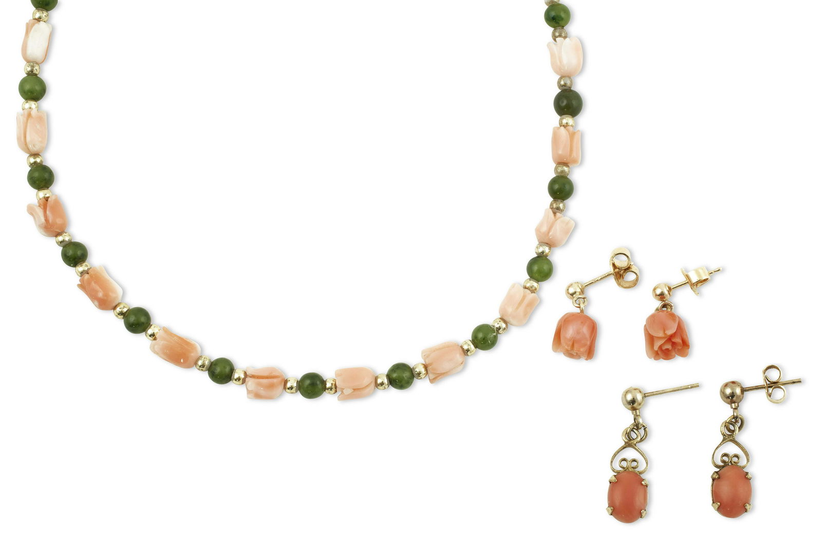 THREE 14KT YELLOW GOLD, CORAL AND JADE JEWELRY PIECES Approx. 8.77 total dwt. (1 of 1)