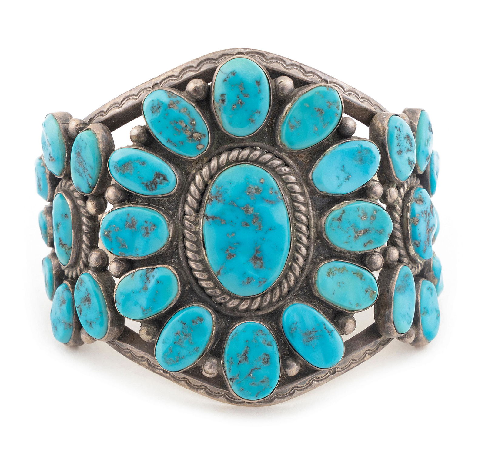 HARRISON JIM SILVER AND TURQUOISE CUFF BRACELET Mid-20th Century Approx. 106 total grams (1 of 3)