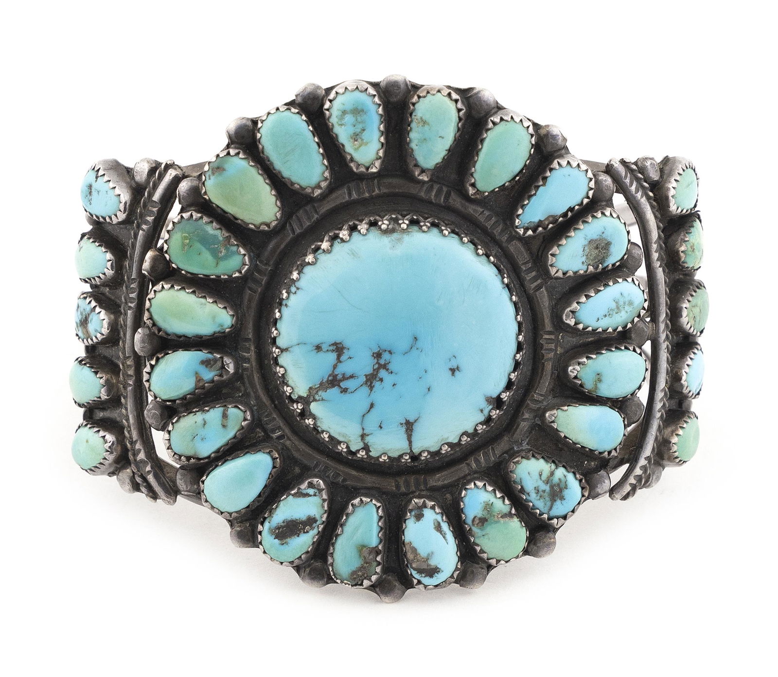ZUNI SILVER AND TURQUOISE CLUSTER BRACELET Mid-20th Century Approx. 66 total grams (1 of 3)