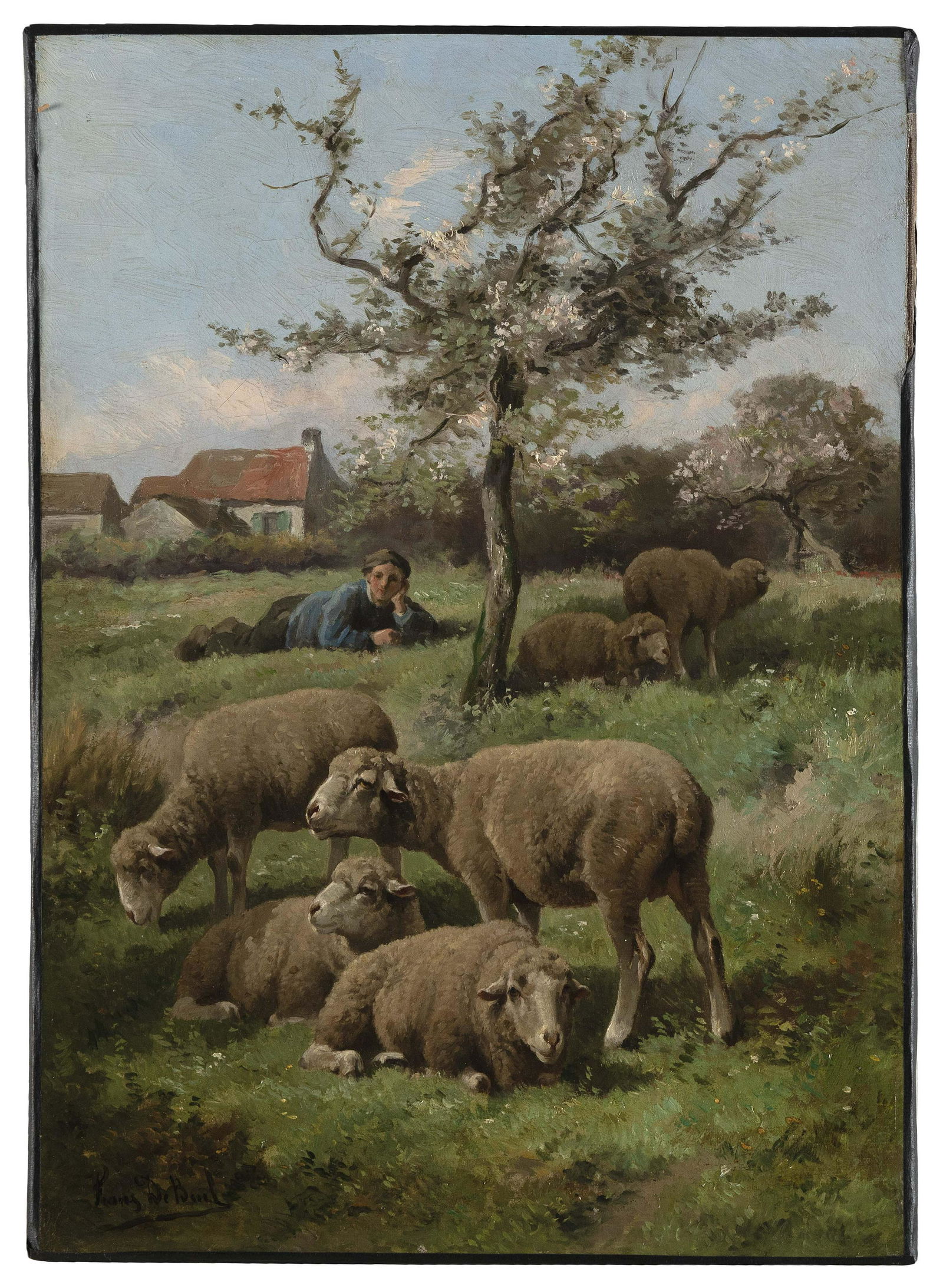 FRANZ DE BEUL (Belgium, 1849-1919), Shepherd boy relaxing in a pasture., Oil on canvas, 19.75" x (1 of 2)