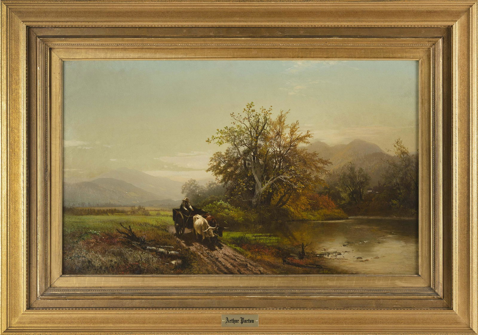 ATTRIBUTED TO ARTHUR PARTON (New York/Pennsylvania/United Kingdom, 1842-1914), Ox-driven cart on a: ATTRIBUTED TO ARTHUR PARTONNew York/Pennsylvania/United Kingdom, 1842-1914Ox-driven cart on a mountain path. Unsigned. Artist identified on frame plaque.Oil on canvas, 18" x 30". Framed 27&q