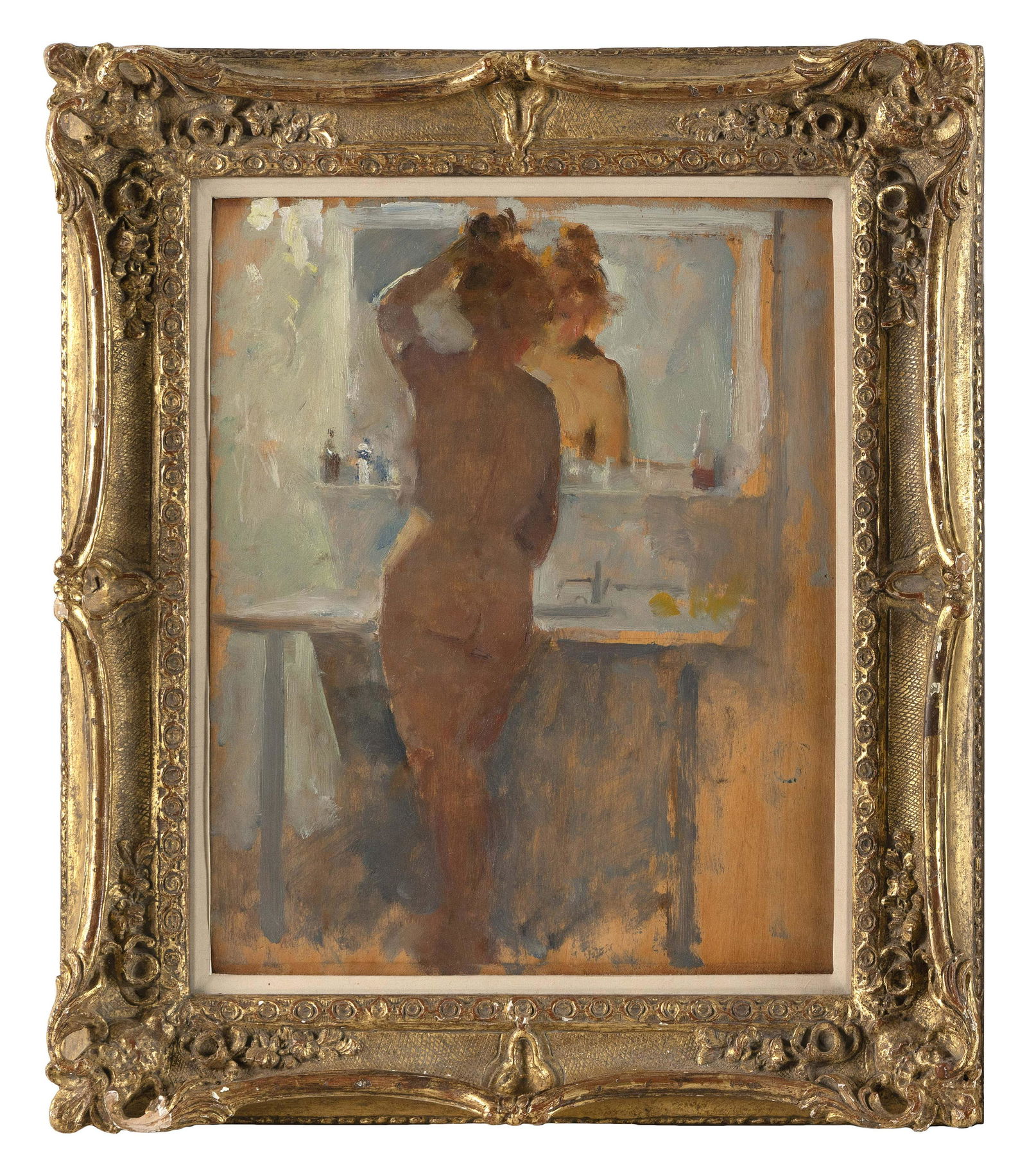 MARTHA WALTER (Massachusetts/Pennsylvania/France, 1875-1976), Double-sided work, one side depicting: MARTHA WALTERMassachusetts/Pennsylvania/France, 1875-1976Double-sided work, one side depicting a nude woman at a mirror and the other side with a river scene. River scene signed lower right "Mart
