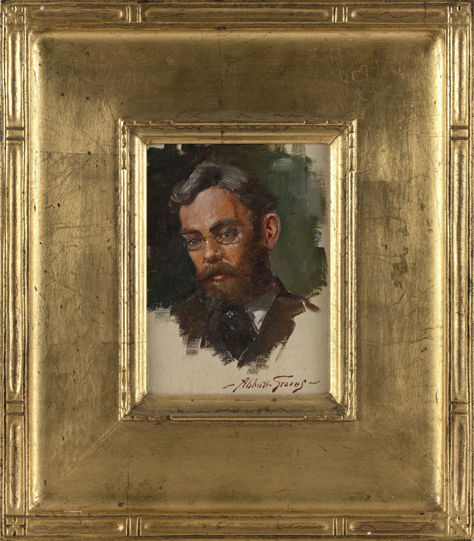 ABBOTT FULLER GRAVES (Massachusetts/Maine, 1859-1936), Portrait of a man, possibly the artitst., Oil: ABBOTT FULLER GRAVESMassachusetts/Maine, 1859-1936Portrait of a man, possibly the artitst. Signed lower right "Abbott Graves".Oil on board, 7" x 5.25". Framed 13.7" x 12"