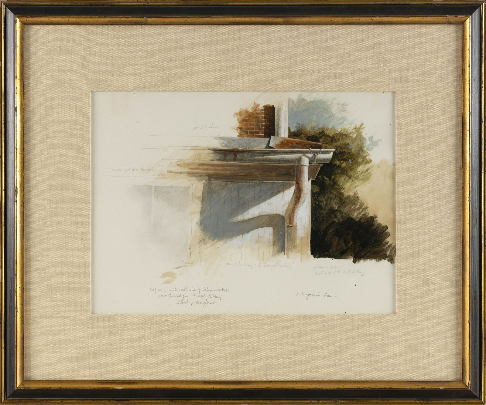 R. BENJAMIN JONES (Maryland, 1936-), “Roof Corner of Lehman’s Mill”., Watercolor: R. BENJAMIN JONESMaryland, 1936-“Roof Corner of Lehman’s Mill”. Signed lower right "R. Benjamin Jones". Titled and inscribed lower left.Watercolor on paper, 10" x 14&q