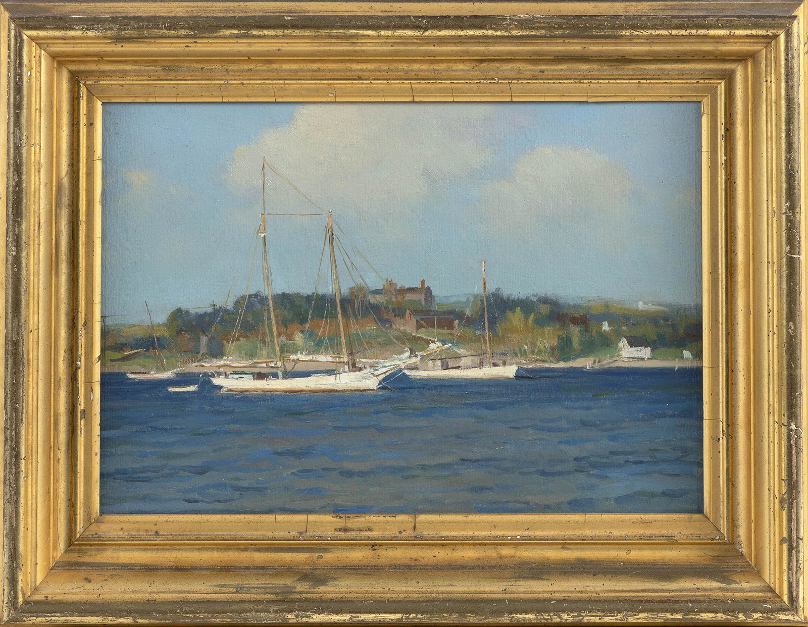 ATTRIBUTED TO LOUIS J. FEUCHTER (Maine/Maryland, 1885-1957), "Bay Schooner at Anchor with Motorized (1 of 2)