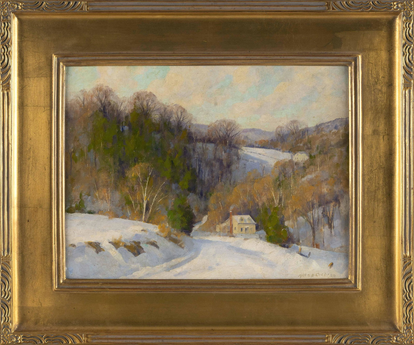 ALLEN DEAN COCHRAN (New York/Ohio, 1888-1971), Landscape near Woodstock., Oil on academy board.: ALLEN DEAN COCHRANNew York/Ohio, 1888-1971Landscape near Woodstock. Signed lower right â€œAllen D. Cochran”. Faintly inscribed verso â€œWoodstock”. Oil on academy board 12” x