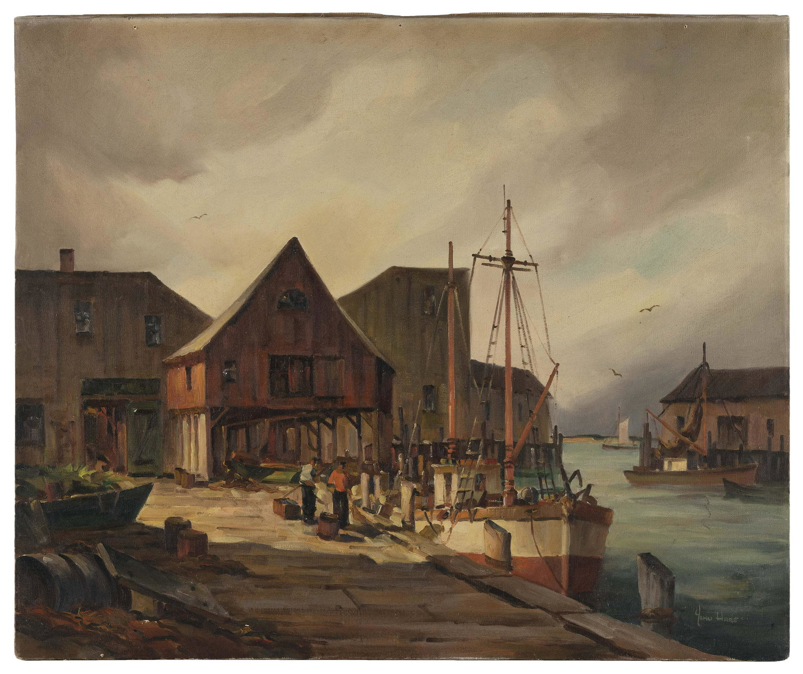 JOHN CUTHBERT HARE (Massachusetts/Florida, 1908-1978), Harbor scene., Oil on canvas, 25” x: JOHN CUTHBERT HAREMassachusetts/Florida, 1908-1978Harbor scene. Signed lower right â€œJohn Hare”.Oil on canvas, 25” x 30”. Unframed.