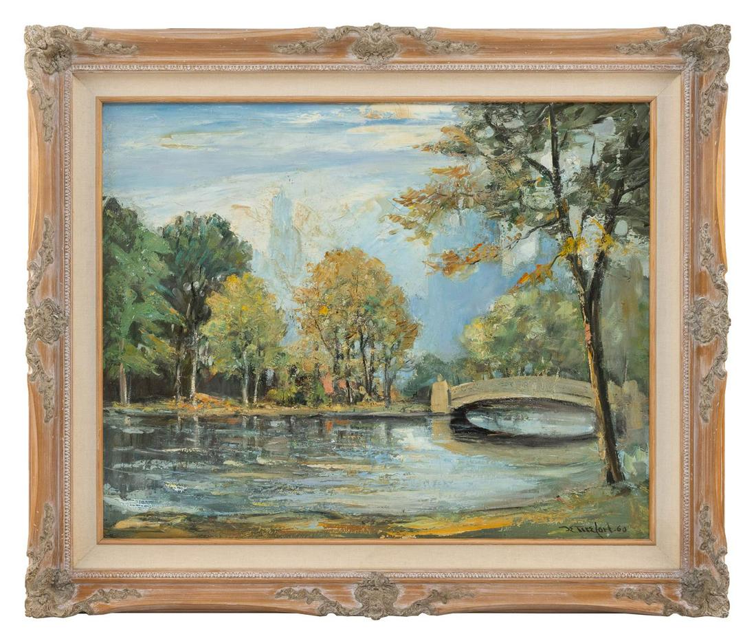 BELA DETIREFORT (New York/Florida, 1894-1993), Bow Bridge, Central Park, New York, with the Carlyle: BELA DETIREFORT New York/Florida, 1894-1993 Bow Bridge, Central Park, New York, with the Carlyle Hotel in the background. Signed and dated lower right "deTirefort '60". Oil on canvas, 24&quo