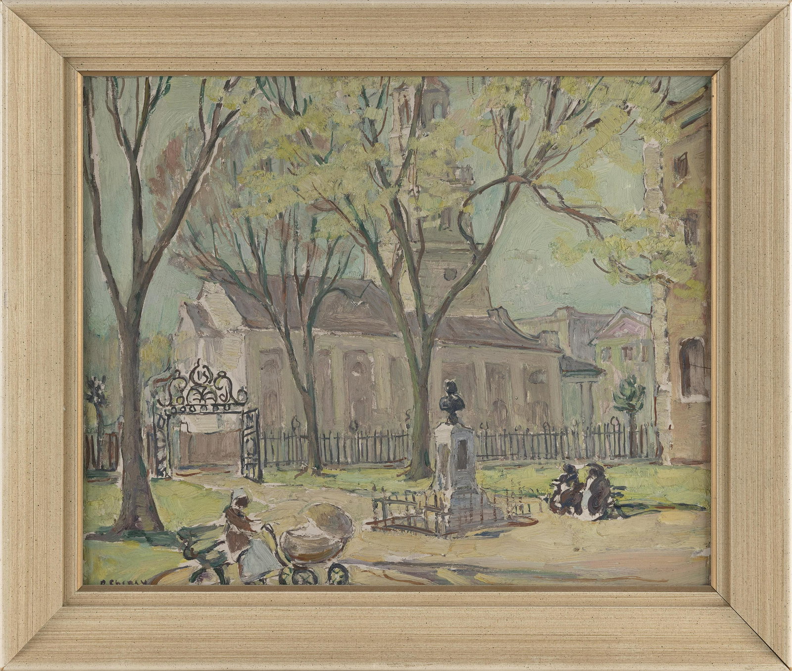 RUSSELL CHENEY (Maine/California/Connecticut/Maryland, 1881-1945), “Timrod Square, Charleston,: RUSSELL CHENEYMaine/California/Connecticut/Maryland, 1881-1945“Timrod Square, Charleston, South Carolina". Depicts the square and St. Michael’s Episcopal Church. Untitled but identifi