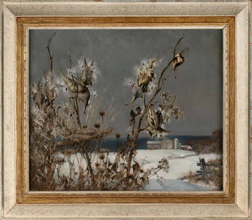 ARTHUR MELTZER (Pennsylvania/Minnesota, 1893-1989), Milkweed., Oil on canvas, 20” x 24”.: ARTHUR MELTZERPennsylvania/Minnesota, 1893-1989Milkweed. Signed lower left "Arthur Meltzer". Housed in frame hand-carved by the artist.Oil on canvas, 20” x 24”. Framed 27”