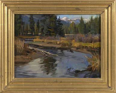 JAY MOORE (Colorado, 1964-), "Kawuneeche Valley"., Oil on canvas, 9" x 12". Framed 12.5" x 15.5".: JAY MOOREColorado, 1964-"Kawuneeche Valley". Signed lower left "Moore". Titled and dated 1993 verso.Oil on canvas, 9" x 12". Framed 12.5" x 15.5".