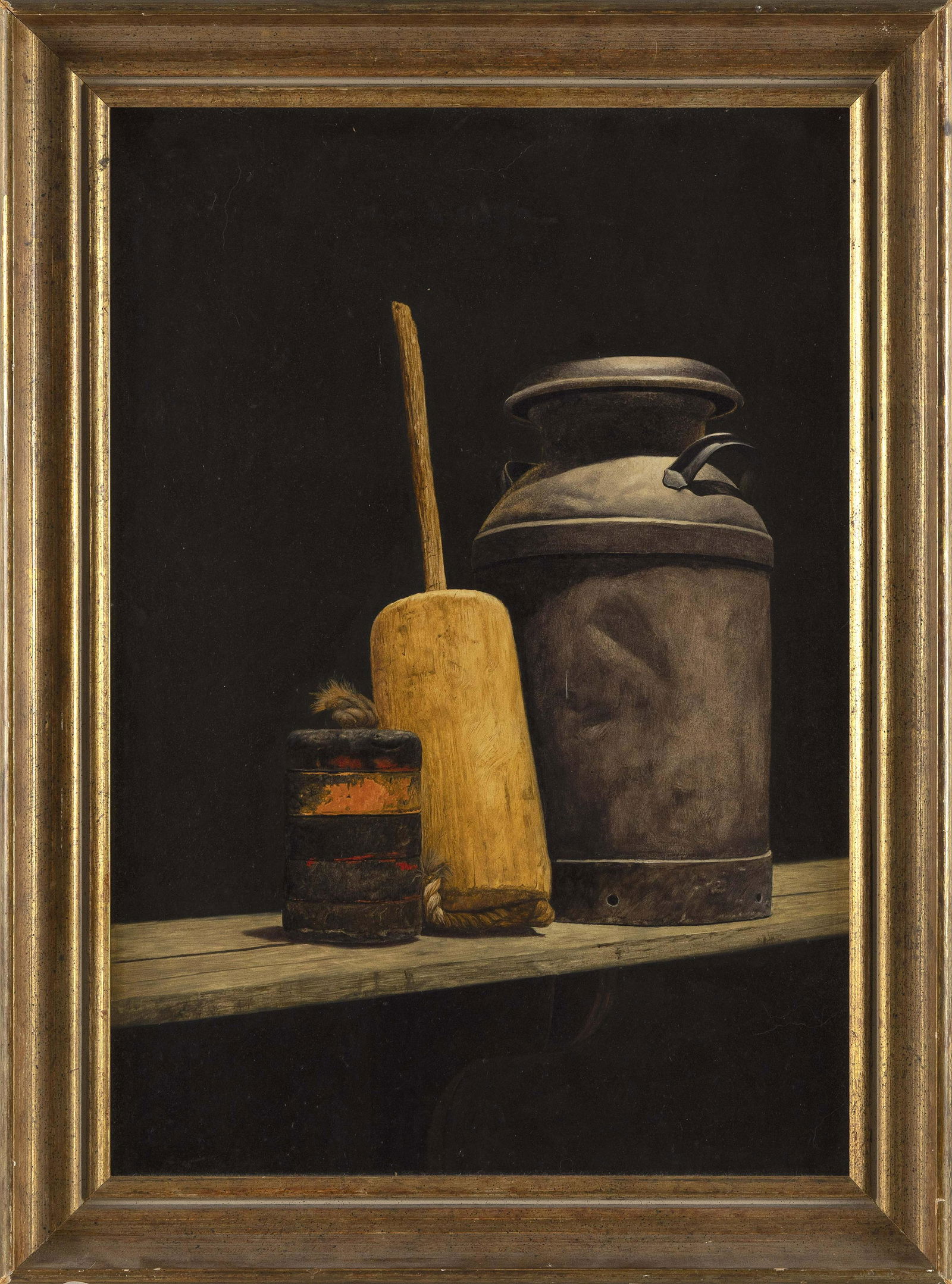 PAUL LIPP (Connecticut, 1937-), “Milk Can and Buoys”., Acrylic on board, 19.5" x 13.5". (1 of 2)