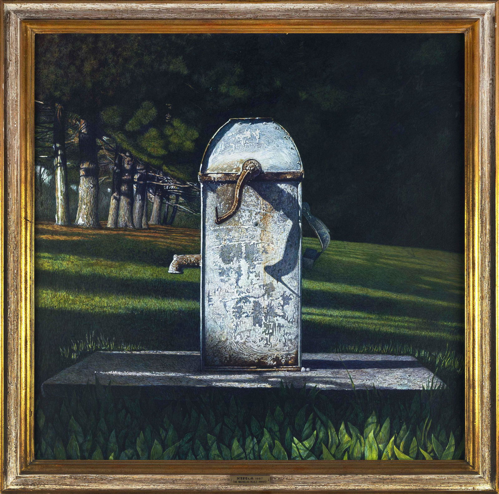 DOUGLAS WILTRAUT (America, Contemporary), "Public Well", 1987., Oil on panel, 38" x 38". Framed 44": DOUGLAS WILTRAUTAmerica, Contemporary"Public Well", 1987. Unsigned. Label for the Nicholas Reale Award on bottom of frame.Oil on panel, 38" x 38". Framed 44" x 44".