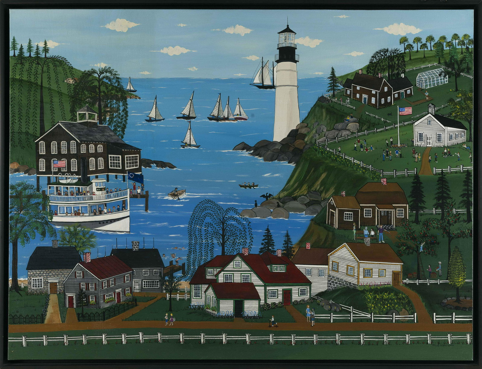 PHYLLIS DUFFY (America, 20th Century), Coastal village and lighthouse., Oil on canvas, 30” x (1 of 2)