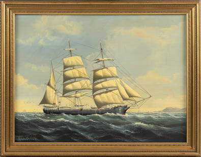 SALVATORE COLACICCO (Canada/United Kingdom/Italy, 1935-), Starboard portrait of a whaleship, with: SALVATORE COLACICCOCanada/United Kingdom/Italy, 1935-Starboard portrait of a whaleship, with figures visible on deck and land off her bow. Signed lower left "Salvatore Colacicco".Oil on canv
