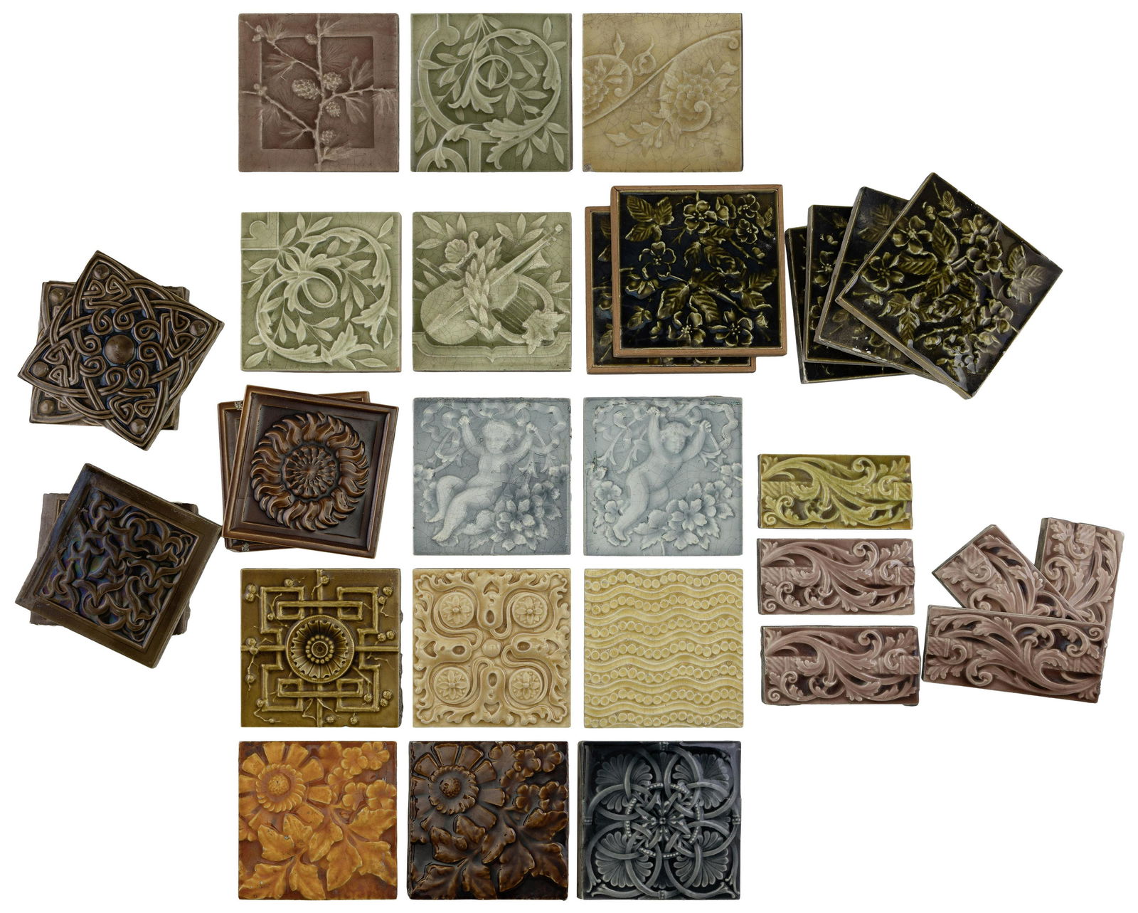 GROUP OF APPROX. 50 MAJOLICA TILES Early 20th Century Six 3” x 6”; remainder mostly (1 of 3)