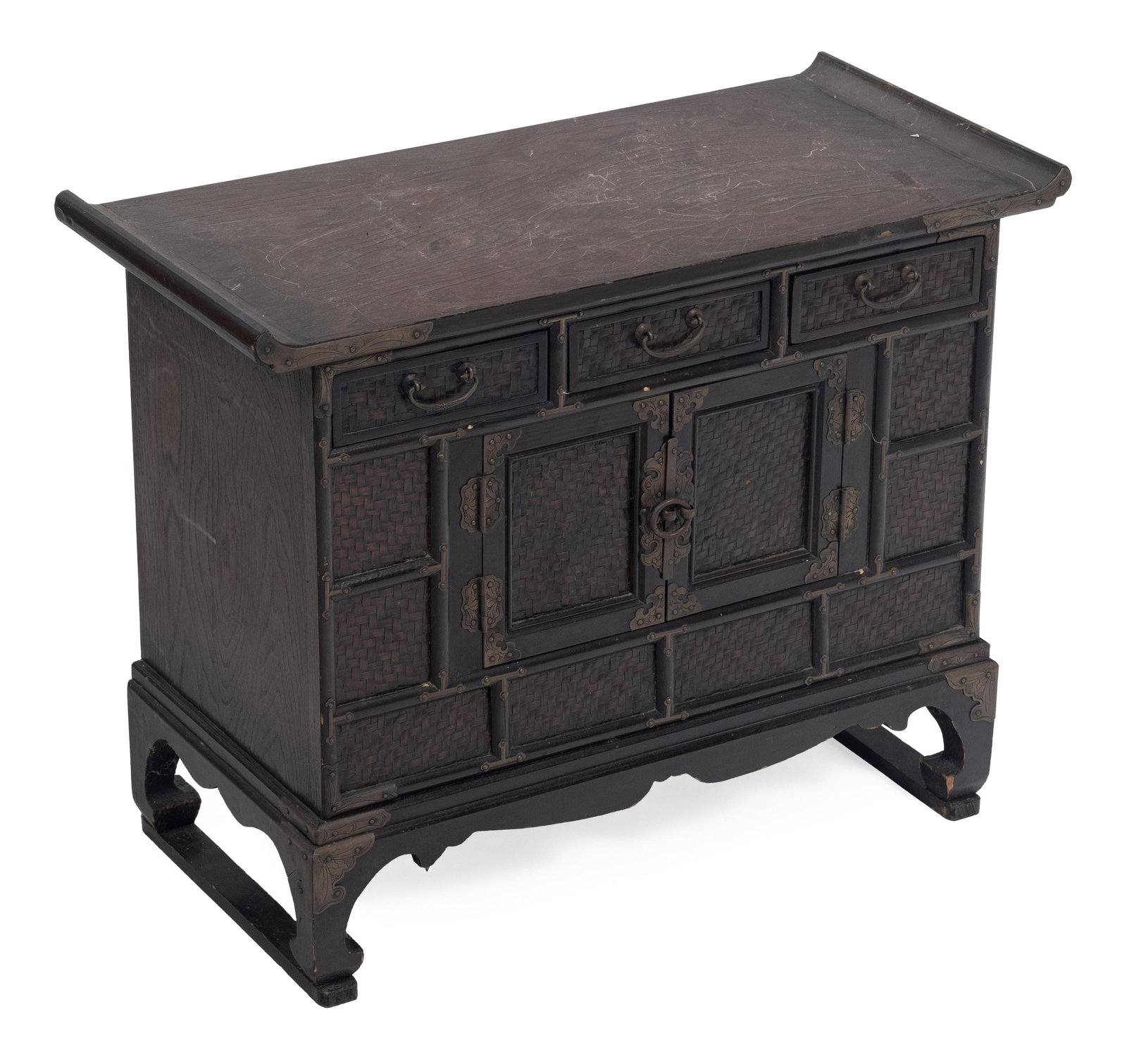 DIMINUTIVE ASIAN-STYLE TANSU 20th Century Height 21.75”. Width 27”. Depth 12.5”.: DIMINUTIVE ASIAN-STYLE TANSU 20th Century With drawers and a central cabinet. Height 21.75”. Width 27”. Depth 12.5”.