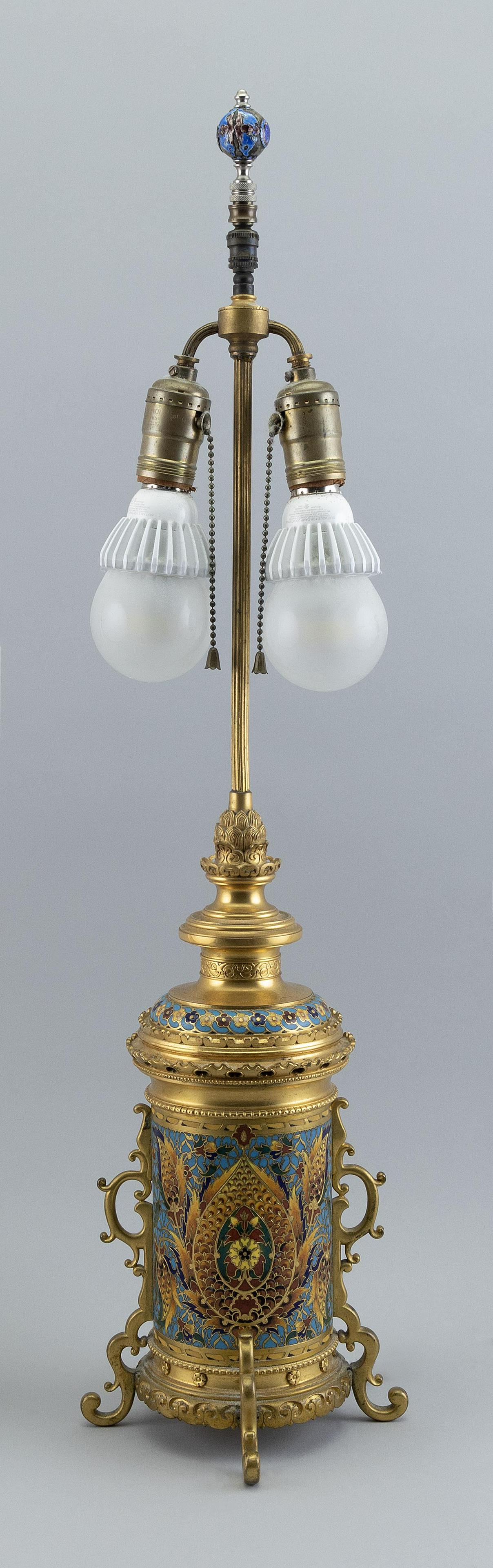 ORNATE FRENCH CLOISONNÉ ENAMEL AND BRASS TABLE LAMP Late 19th Century Height to finial 29". (1 of 2)