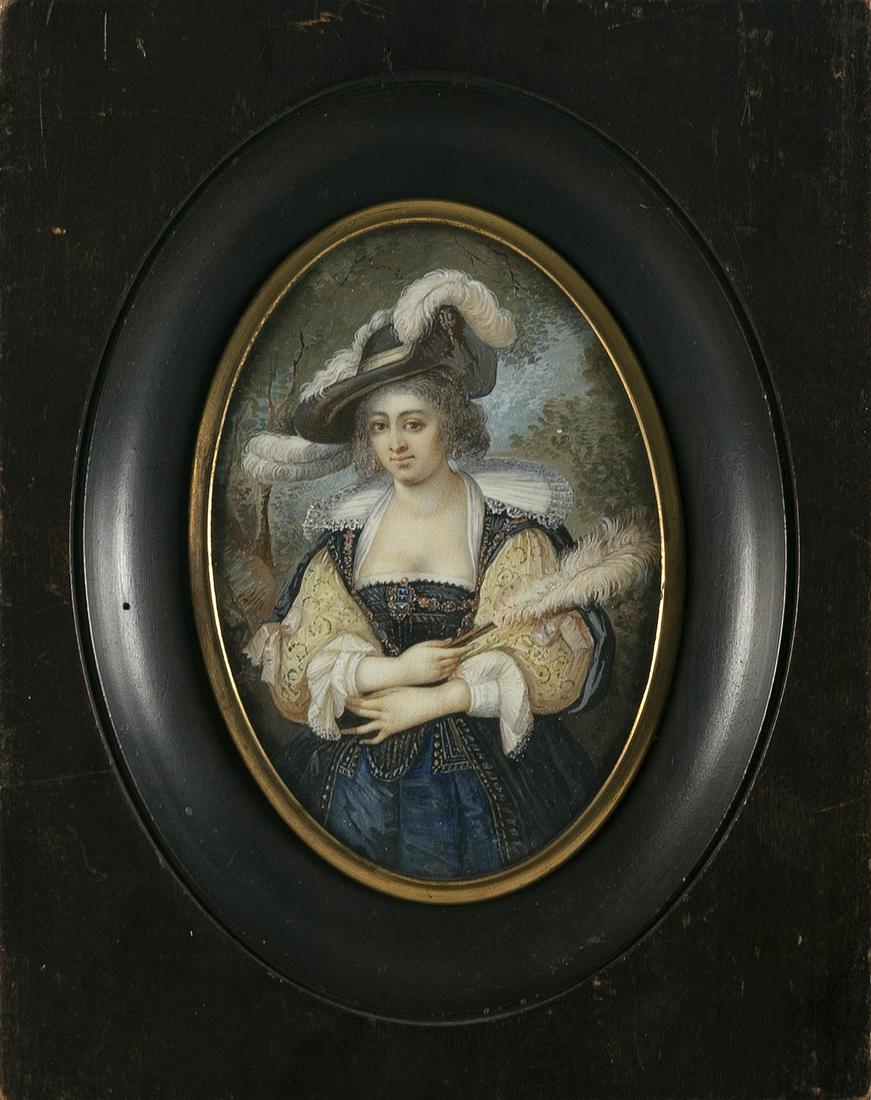 CONTINENTAL SCHOOL (19th Century,), Miniature half-length portrait of a fancy woman., On ivory, (1 of 2)