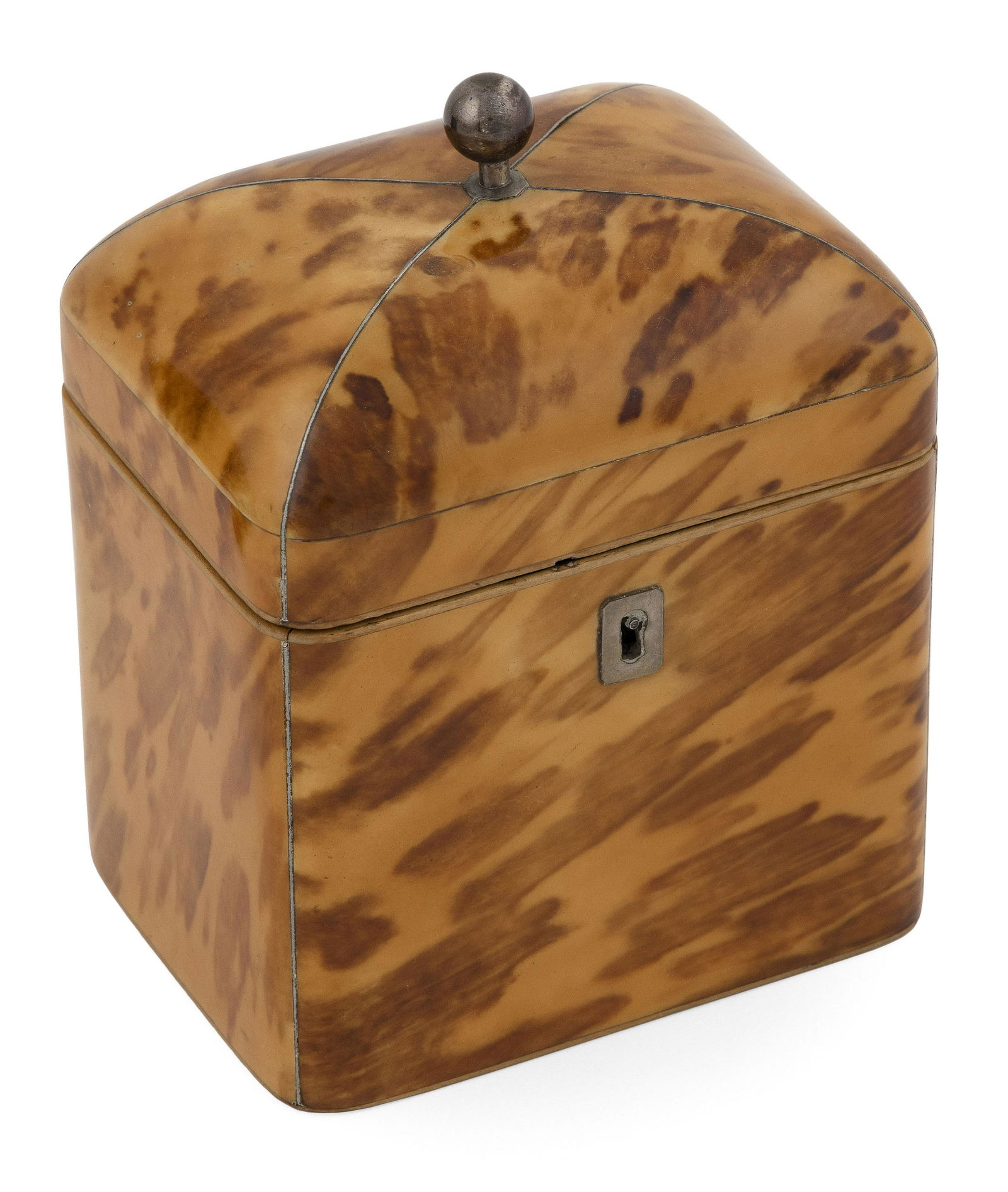 ENGLISH SHELL TEA CADDY 19th Century Height 6”. Width 4.5”. Depth 3.5”. (1 of 3)