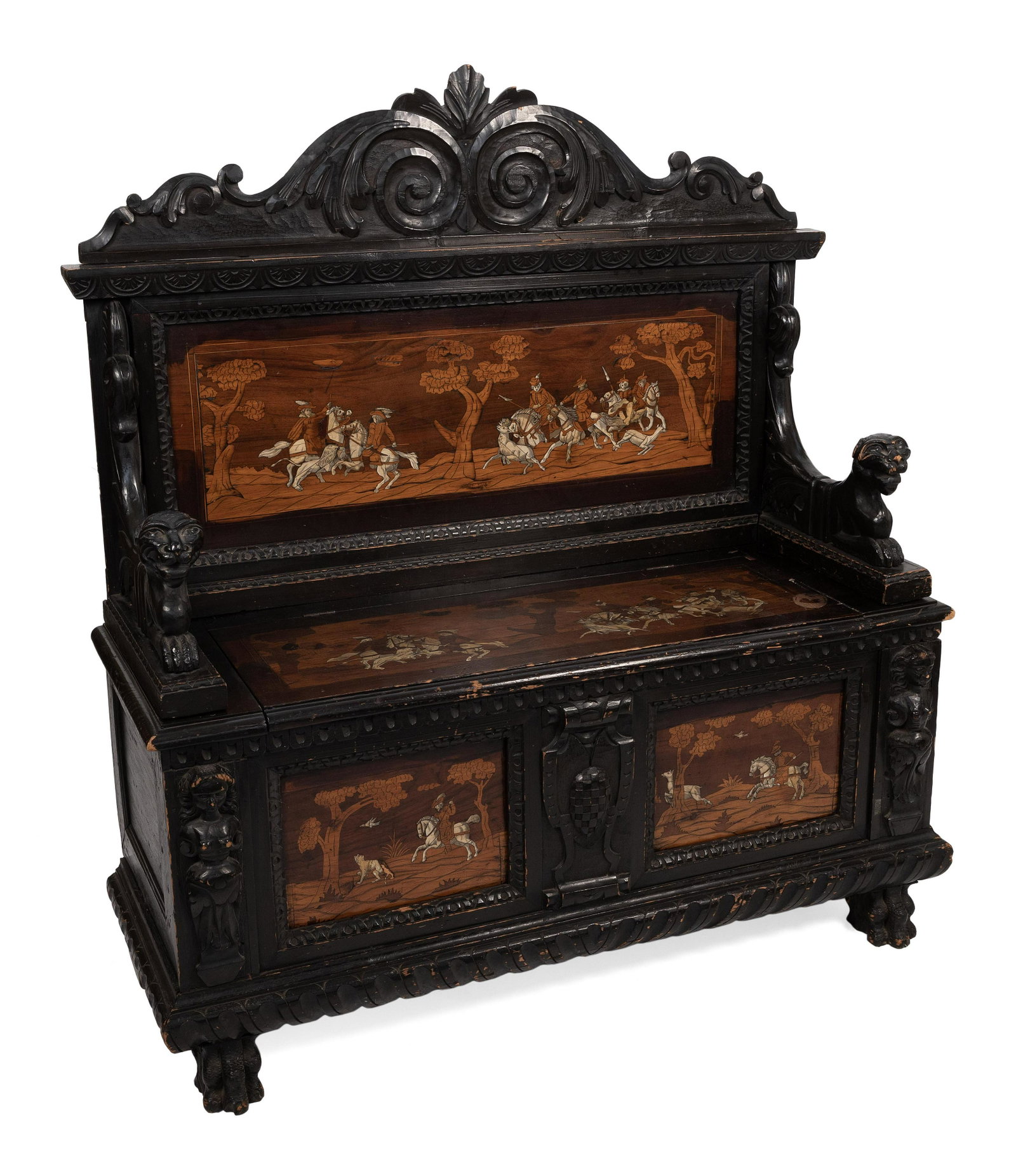 CONTINENTAL CARVED AND INLAID HALL BENCH 19th Century Height 42.5”. Width 50”. Depth: CONTINENTAL CARVED AND INLAID HALL BENCH 19th Century Ornate bone and satinwood inlay. Carved lion-form arms. Lift-top storage compartment in base. Height 42.5”. Width 50”. Depth 19.5̶