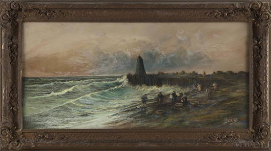 FRANK MYERS BOGGS (Ohio/France, 1855-1926), Coastal scene with lighthouse., Pastel on paper,: FRANK MYERS BOGGSOhio/France, 1855-1926Coastal scene with lighthouse. Signed lower right “Boggs”.Pastel on paper, 15.75” x 33.5” sight. Framed 22.25” x 40”.