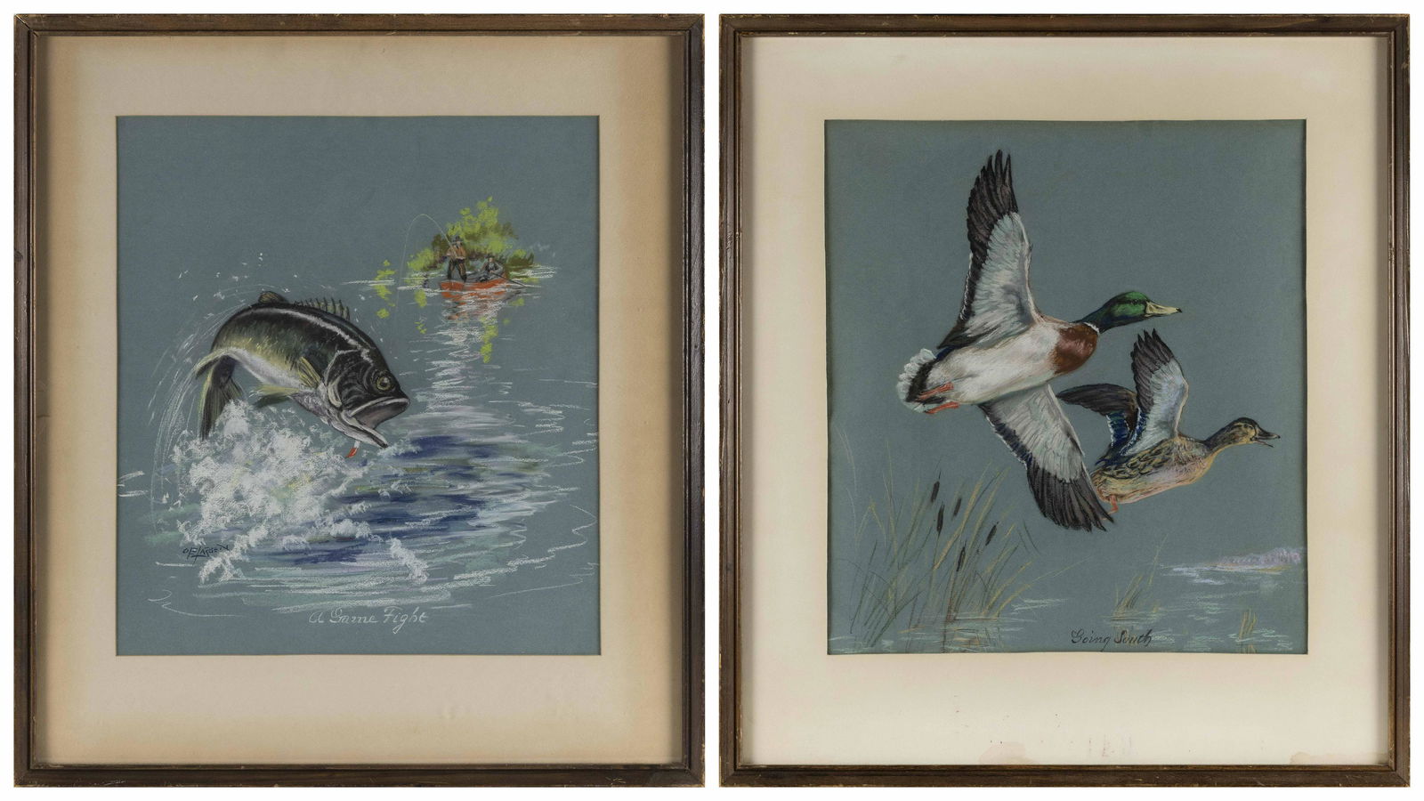 OLE LARSEN (Michigan/Illinois, 1898-1984), Two original sporting works:, Pastels on bluish laid: OLE LARSENMichigan/Illinois, 1898-1984Two original sporting works: “Going South”, signed “Ole Larsen” lower left, and “A Game Fight”. Both titled lower center.Paste