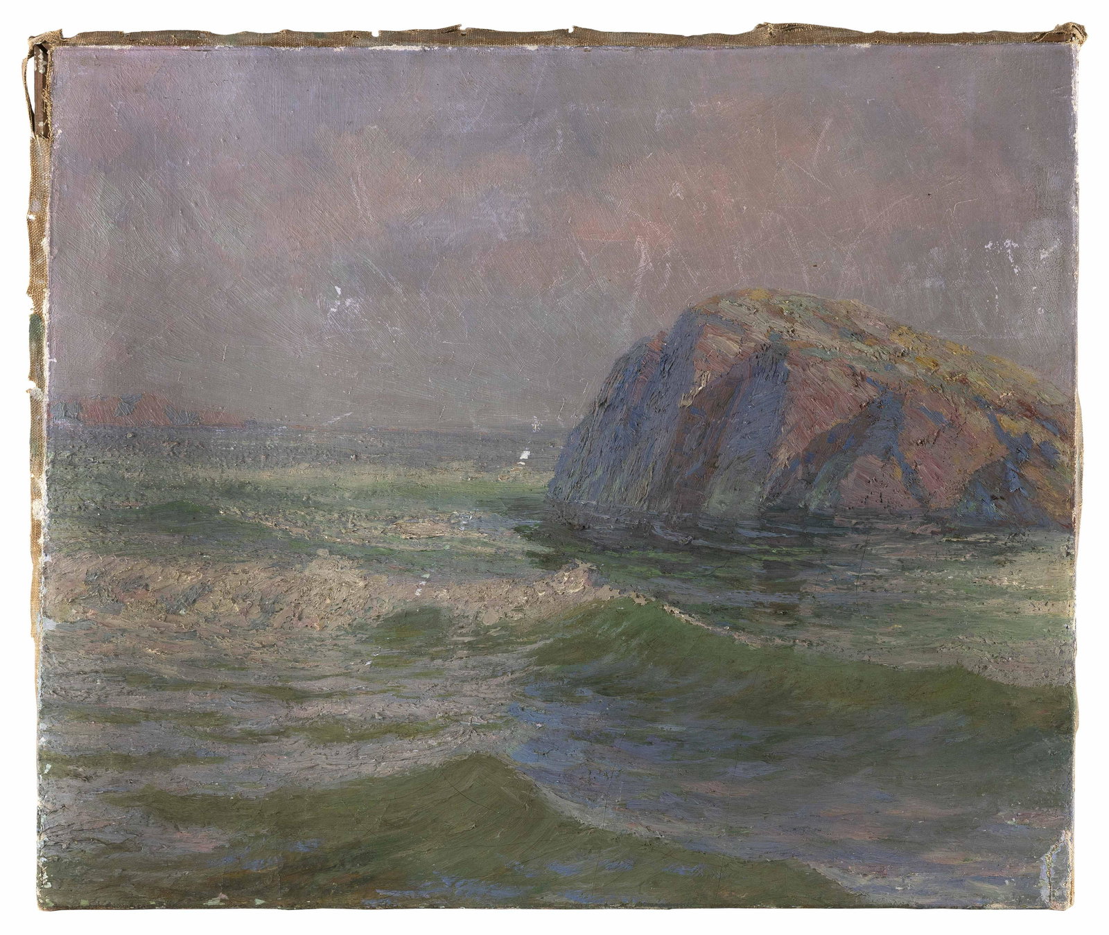 AMERICAN SCHOOL (Early 20th Century,), Sunset over a rocky outcrop., Oil on canvas, 25” x: AMERICAN SCHOOL Early 20th Century Sunset over a rocky outcrop. Unsigned. Oil on canvas, 25” x 30”. Unframed.