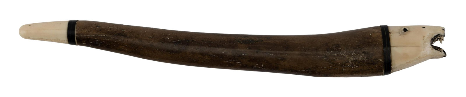 PETRIFIED WHALEBONE AND WALRUS IVORY OOSIK Late 19th Century Length 14".: PETRIFIED WHALEBONE AND WALRUS IVORY OOSIK Late 19th Century One end carved as a polar bear's head, showing its teeth and black features. Polished tip at opposite end. Baleen spacers. Length 14";. Pro