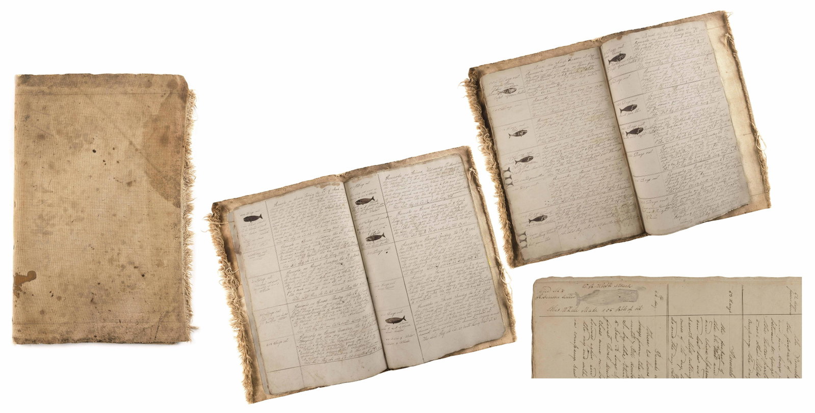 DOUBLE WHALING JOURNAL FROM THE WHALESHIP "HUDSON" OF SAG HARBOR, NEW YORK 22" x 14.5".: DOUBLE WHALING JOURNAL FROM THE WHALESHIP ";HUDSON"; OF SAG HARBOR, NEW YORK First voyage commenced May 27, 1835 and ended July 2, 1836. Last entry notated ";Ship Voyage 13 Months 6 Days 1,400 Barrels