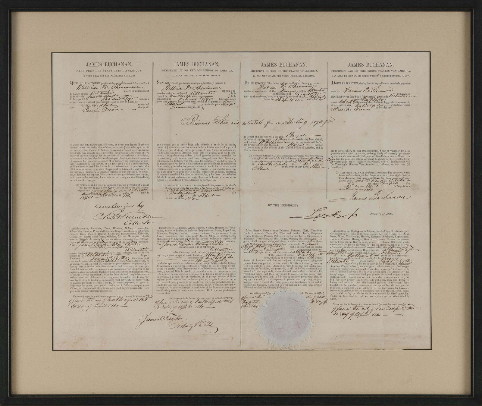 PASSPORT FOR THE BARQUE "ATLANTIC" SIGNED BY PRESIDENT JAMES BUCHANAN Dated April 30, 1860 15.75" x (1 of 2)