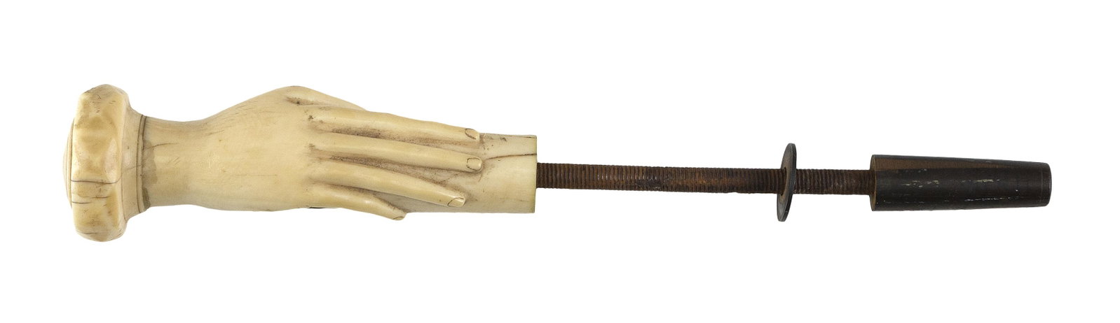 WHALE IVORY PARASOL HANDLE IN THE FORM OF A HAND 19th Century Carving length 4".: WHALE IVORY PARASOL HANDLE IN THE FORM OF A HAND 19th Century Beautifully detailed. Retains original metal rod for mounting. Carving length 4".