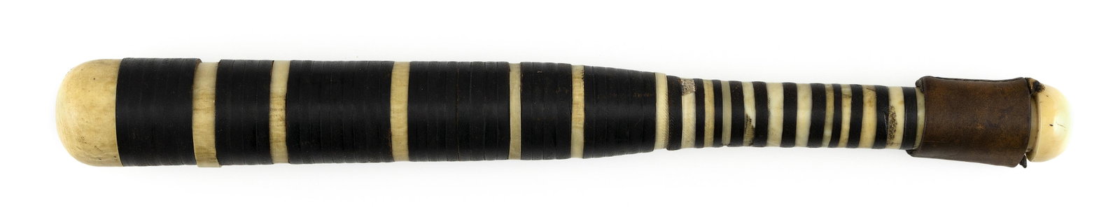BANDED CLUB, POSSIBLY FOR FISHING 19th Century Length 12.75".: BANDED CLUB, POSSIBLY FOR FISHING 19th Century Tapered whale ivory club with leather wrap. Length 12.75".