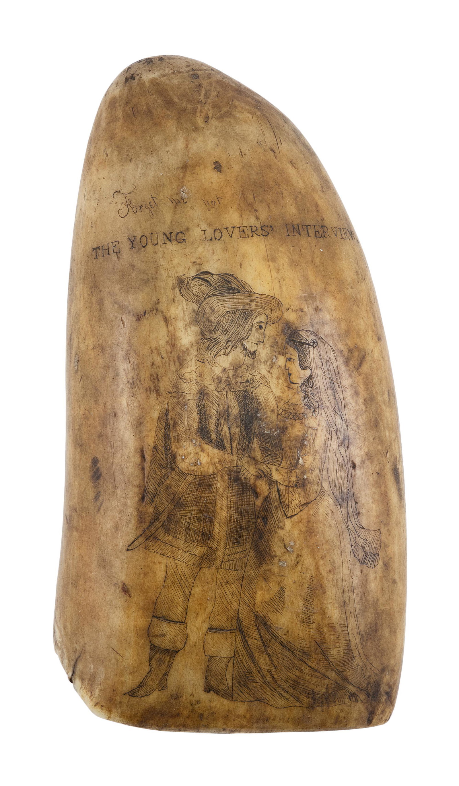 SCRIMSHAW WHALE'S TOOTH "THE YOUNG LOVERS' INTERVIEW." 19th Century Length 4.5".: SCRIMSHAW WHALE'S TOOTH ";THE YOUNG LOVERS' INTERVIEW."; 19th Century Depicts a couple holding hands, possibly a Renaissance bride and groom. ";Forget me not"; in faint script lettering above title. L