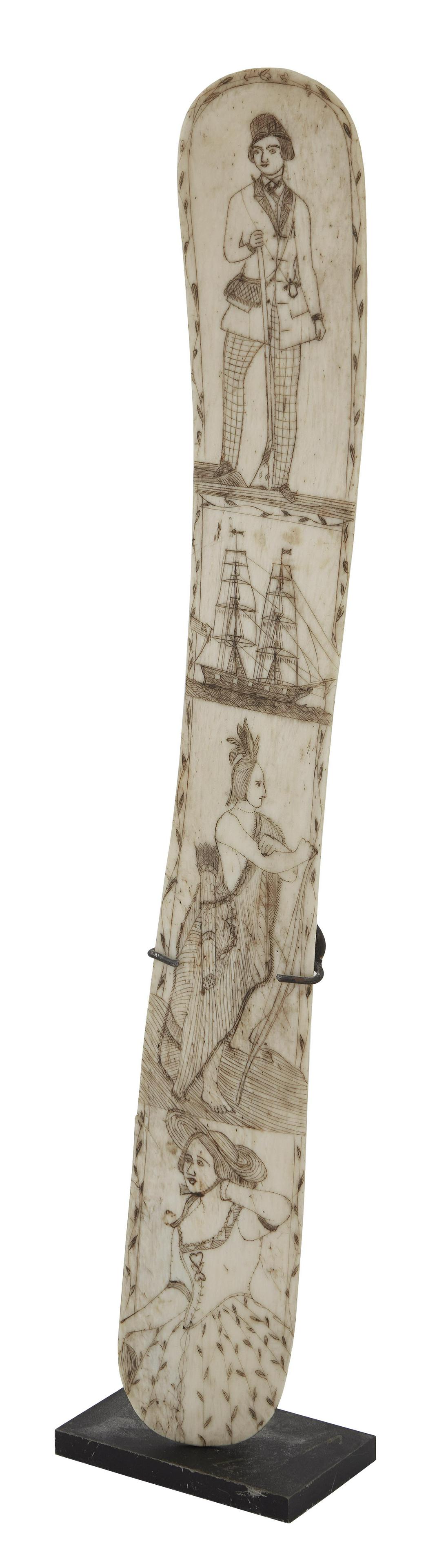 SCRIMSHAW WHALEBONE BUSK WITH FOUR VIGNETTES 19th Century Length 12". On metal stand.: SCRIMSHAW WHALEBONE BUSK WITH FOUR VIGNETTES 19th Century Depicts a gentleman hunter, an American-flagged ship, a Native American and a woman wearing a straw hat. Tendril border around the perimeter o