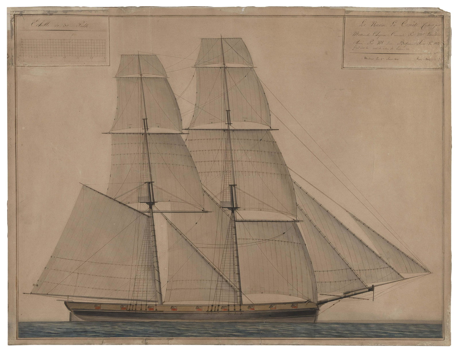 PORTRAIT OF A FRENCH VESSEL Dated 1812 Watercolor on paper laid down on heavy paper, 18" x 23.5". (1 of 1)