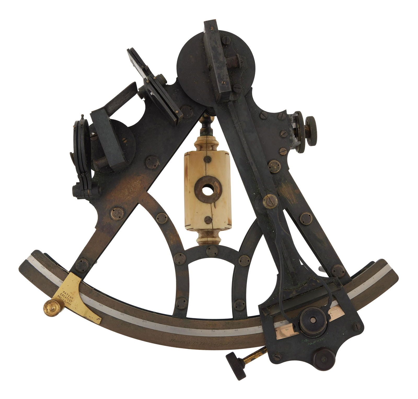 CASED BRASS DOUBLE FRAME SEXTANT London, 19th Century Case height 6". Width 13". Depth 12". (1 of 2)