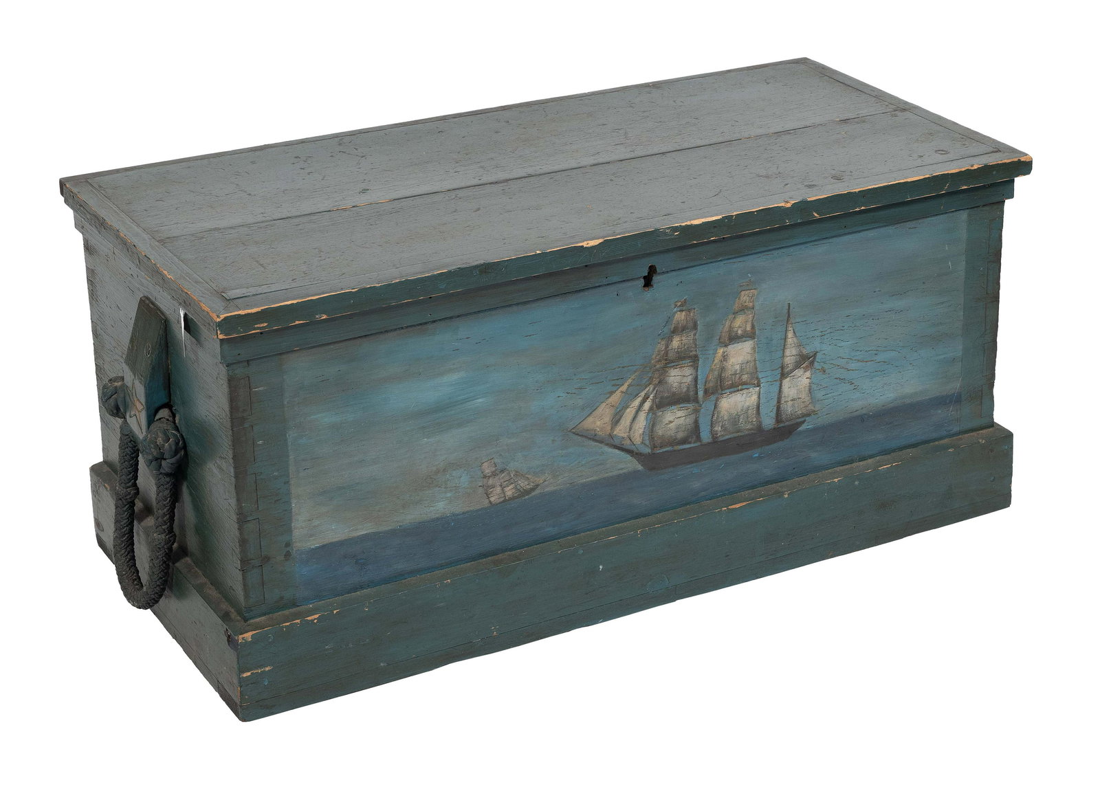 PINE SEA CHEST WITH LATER PAINTED DECORATION 19th Century Height 17.5". Width 37.75". Depth 17.25".: PINE SEA CHEST WITH LATER PAINTED DECORATION19th CenturyInterior with right-side till. Nicely carved beckets with sailor's ropework handles. Front of chest with 20th Century painted decoration of a th