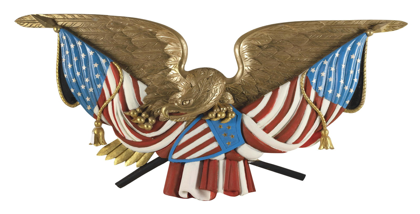 POLYCHROME CARVED WOODEN SPREAD-WING EAGLE First Half of the 20th Century Height 28". Length 55.5". (1 of 2)