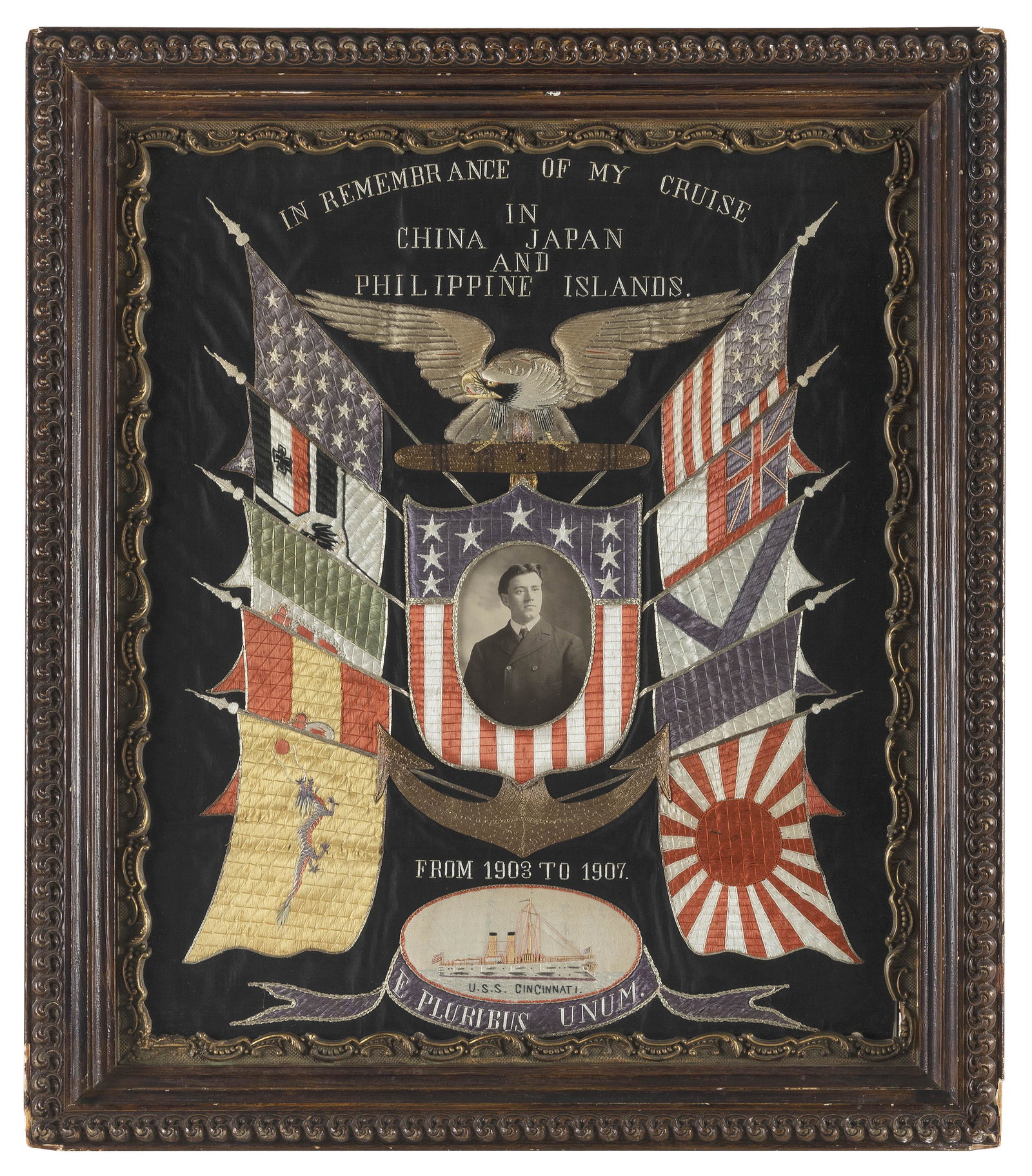 COMMEMORATIVE AMERICAN NAVAL SILKWORK The Philippines, Circa 1907 Framed 29.5" x 25". (1 of 2)