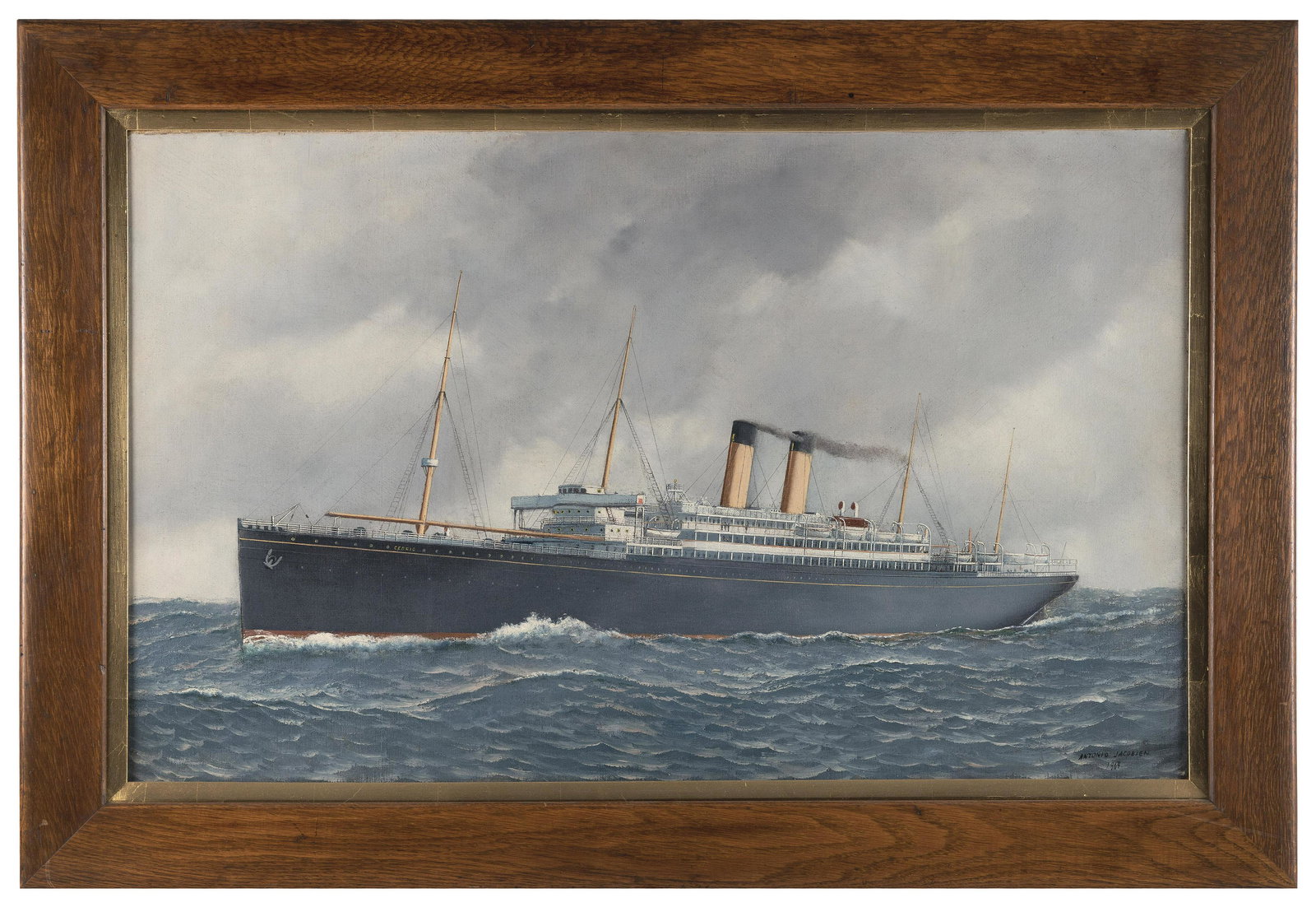 ANTONIO NICOLO GASPARO JACOBSEN (New York/New Jersey/Denmark, 1850-1921), The steamship Cedric at: ANTONIO NICOLO GASPARO JACOBSENNew York/New Jersey/Denmark, 1850-1921The steamship Cedric at sea. Signed and dated lower right "Antonio Jacobsen 1904".Oil on canvas, 22" x 36". Framed 29" x 43".