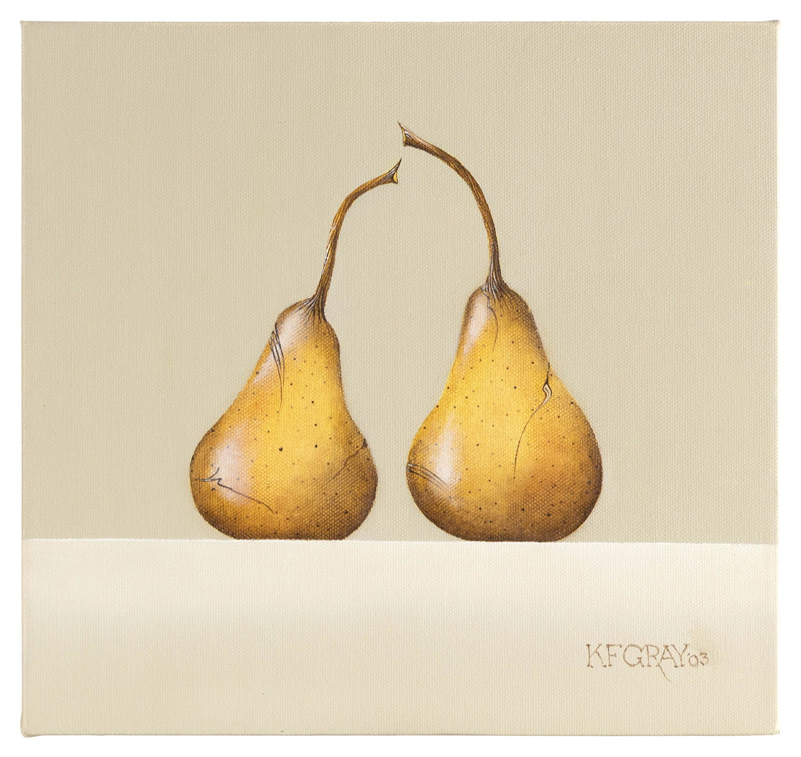 KAREN FRANCES GRAY (Massachusetts, Contemporary), Pair of pears., Oil on canvas, 12" x 12". Box (1 of 2)