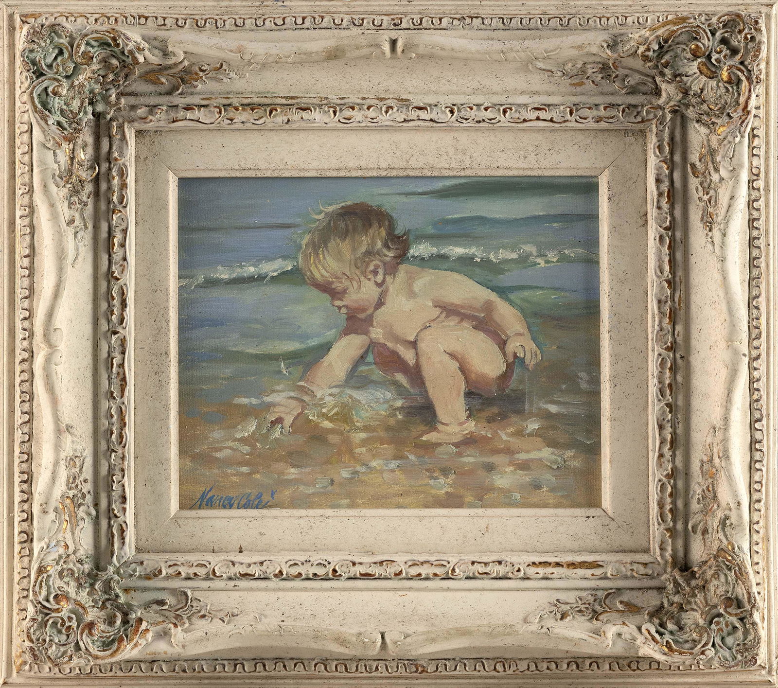 NANCY COLE (United States, 1930-2016), Baby examining shells along the beach., Oil on canvas, (1 of 2)