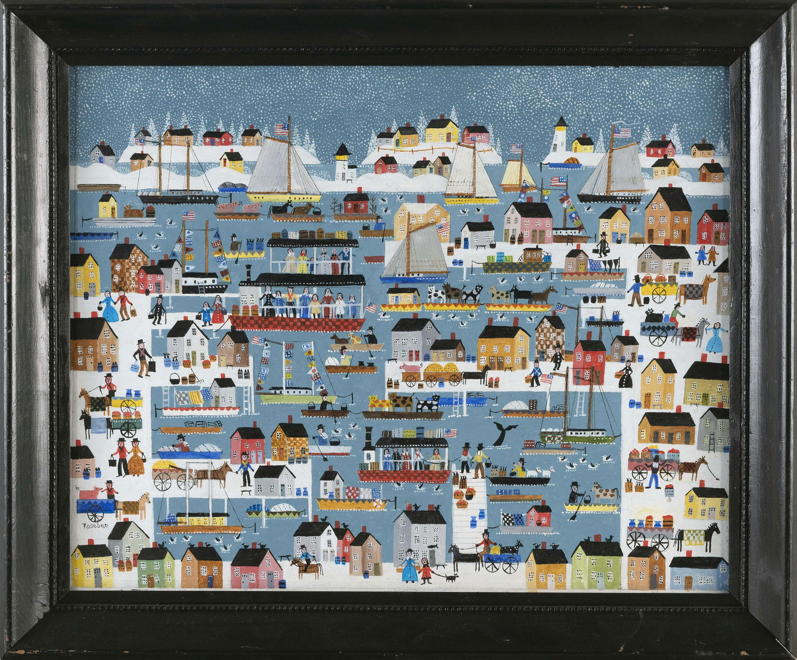 ROSEBEE (Massachusetts, 1932-2016), "Busy Harbor"., Oil on board, 16" x 20". Framed 20" x 24". (1 of 2)